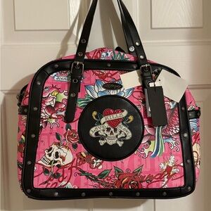 Ed Hardy Pink and Black Travel Bag with Skull Design